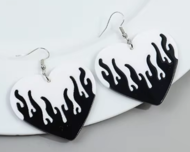 ER414 Black Flame White Heart Earrings