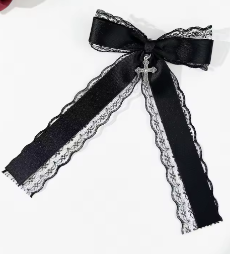 ACCS160 Hair Clip Lace Bow With Cross Black