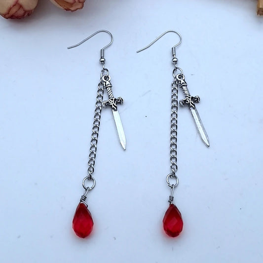 ER472 Dagger & Red Drop On Chain Earrings