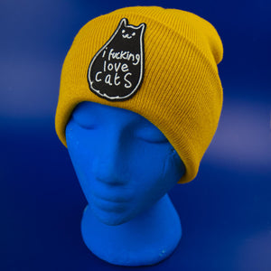 I FUCKING LOVE CATS PATCH MUSTARD BEANIE - PACK OF 3