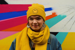Smiley Patch Mustard Beanie - Pack of 3 - Extreme Largeness Wholesale